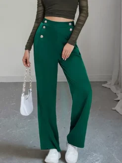 High Waist Double Row Button Decor Wide Leg Suit Pants Draped Formal Trousers
