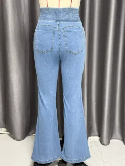 High Waisted Smocked Flare Jeans For Women - Elastic Cotton Slim Fit Washed Denim Pants - Spring Date Night Outfits 2026