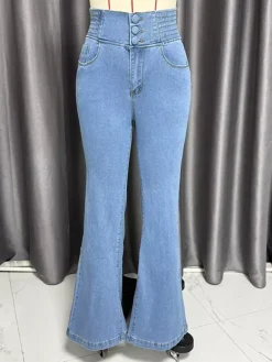 High Waisted Smocked Flare Jeans For Women - Elastic Cotton Slim Fit Washed Denim Pants - Spring Date Night Outfits 2026
