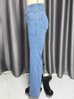 High Waisted Smocked Flare Jeans For Women - Elastic Cotton Slim Fit Washed Denim Pants - Spring Date Night Outfits 2026