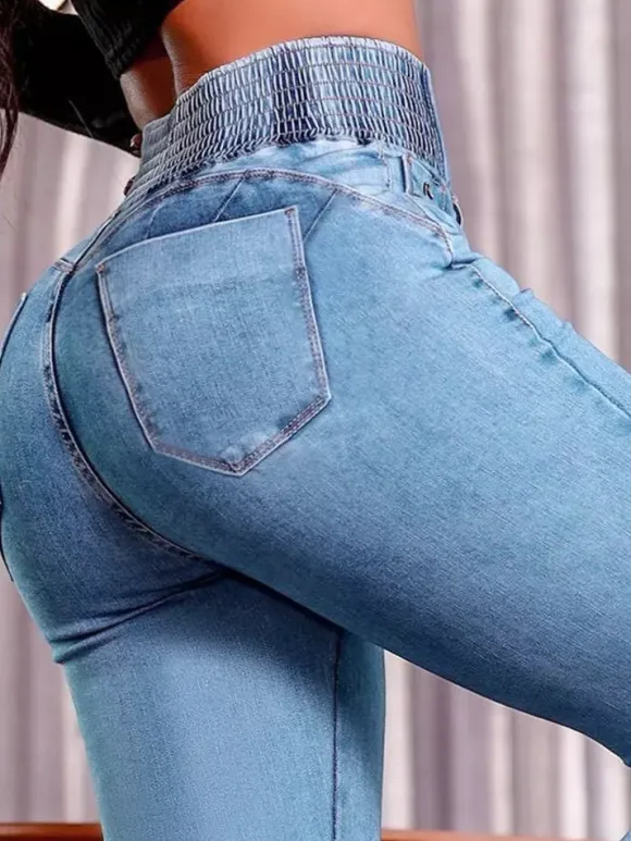 High Waisted Smocked Flare Jeans For Women - Elastic Cotton Slim Fit Washed Denim Pants - Spring Date Night Outfits 2026