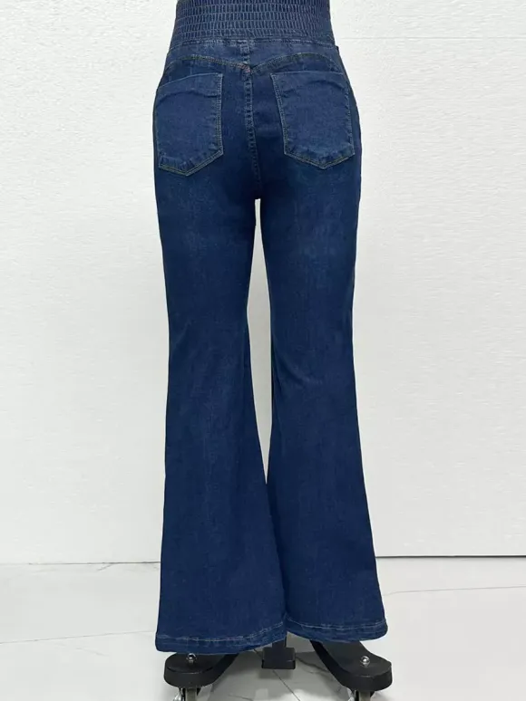 High Waisted Smocked Flare Jeans For Women - Elastic Cotton Slim Fit Washed Denim Pants - Spring Date Night Outfits 2026