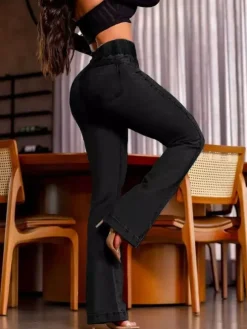 High Waisted Smocked Flare Jeans For Women - Elastic Cotton Slim Fit Washed Denim Pants - Spring Date Night Outfits 2026