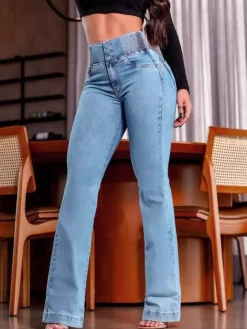 High Waisted Smocked Flare Jeans For Women - Elastic Cotton Slim Fit Washed Denim Pants - Spring Date Night Outfits 2026