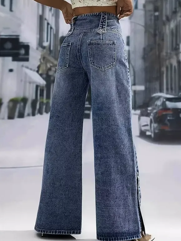 High Waisted Wide Leg Jeans For Women - Medium Blue Vintage Side Button Relaxed Denim Pants - Spring Chic Streetwear 2026