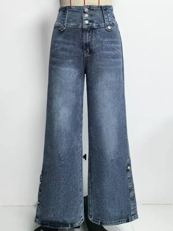 High Waisted Wide Leg Jeans For Women - Medium Blue Vintage Side Button Relaxed Denim Pants - Spring Chic Streetwear 2026