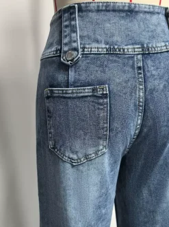 High Waisted Wide Leg Jeans For Women - Medium Blue Vintage Side Button Relaxed Denim Pants - Spring Chic Streetwear 2026
