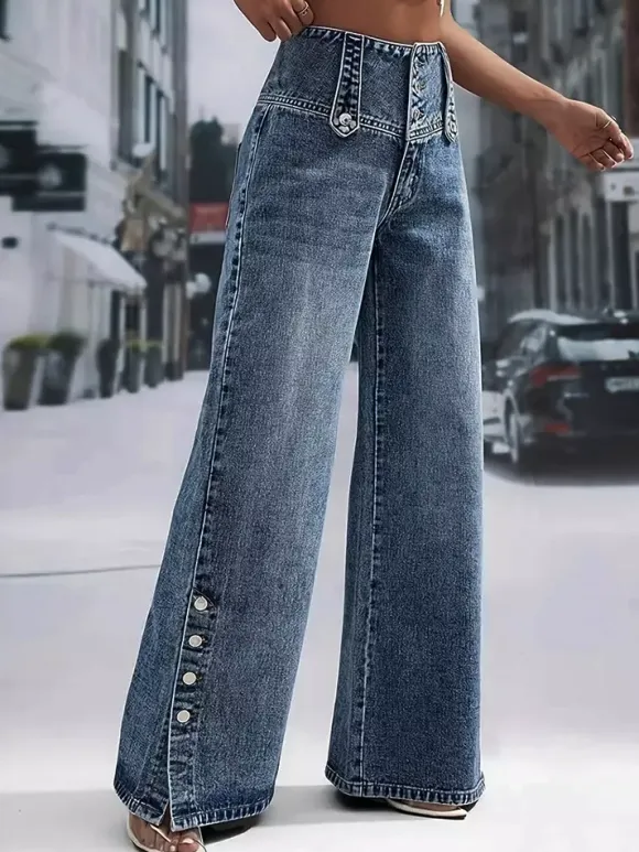 High Waisted Wide Leg Jeans For Women - Medium Blue Vintage Side Button Relaxed Denim Pants - Spring Chic Streetwear 2026
