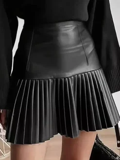 High Waist Faux Leather Accordion Pleat Flared Mini Skirt For Women 2026