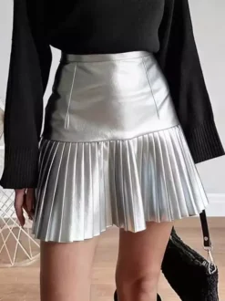 High Waist Faux Leather Accordion Pleat Flared Mini Skirt For Women 2026