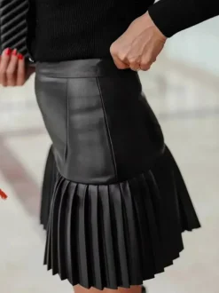 High Waist Faux Leather Accordion Pleat Flared Mini Skirt For Women 2026