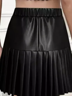 High Waist Faux Leather Accordion Pleat Flared Mini Skirt For Women 2026