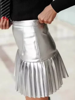 High Waist Faux Leather Accordion Pleat Flared Mini Skirt For Women 2026