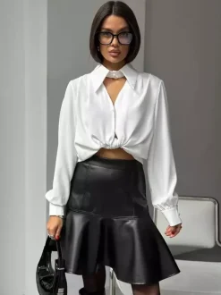 High Waist Faux Leather Ruffled Hem Mermaid Mini Skirt For Women 2026