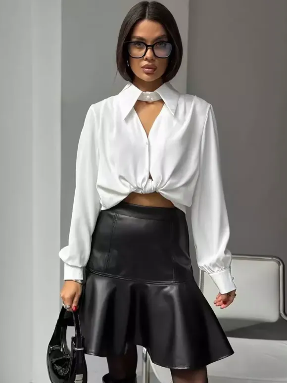 High Waist Faux Leather Ruffled Hem Mermaid Mini Skirt For Women 2026