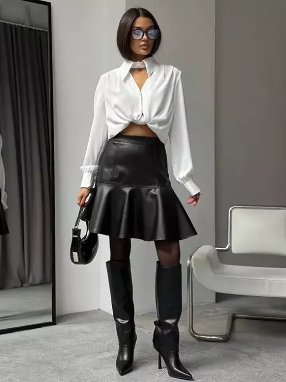 High Waist Faux Leather Ruffled Hem Mermaid Mini Skirt For Women 2026