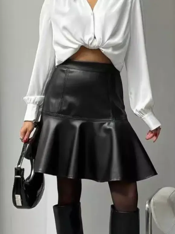 High Waist Faux Leather Ruffled Hem Mermaid Mini Skirt For Women 2026