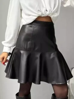 High Waist Faux Leather Ruffled Hem Mermaid Mini Skirt For Women 2026