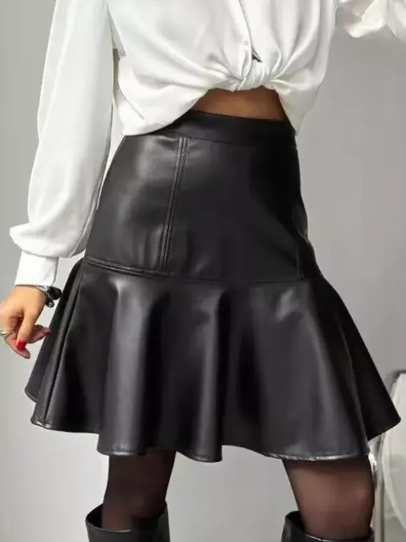 High Waist Faux Leather Ruffled Hem Mermaid Mini Skirt For Women 2026