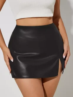 High Waist Faux Leather Side Slit Bodycon Mini Skirt For Women 2026