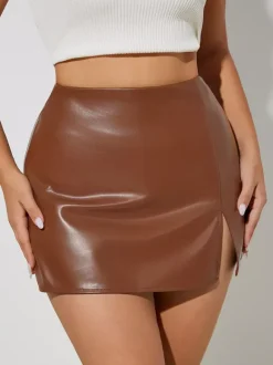 High Waist Faux Leather Side Slit Bodycon Mini Skirt For Women 2026