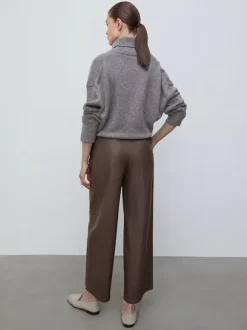 High Waist Faux Leather Wide Leg Pants Brown Straight Leg Casual Trousers