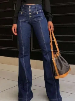 High Waist Jeans Buttons Flared Leg Charming Bottoms