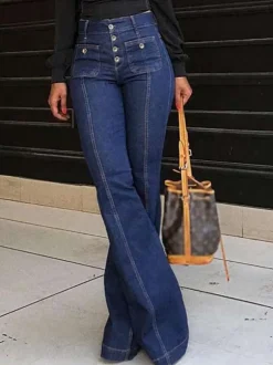 High Waist Jeans Buttons Flared Leg Charming Bottoms