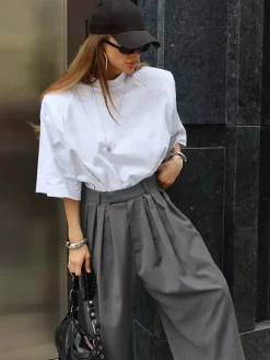 High Waist Pleated Drape Wide Leg Gray Suit Pants