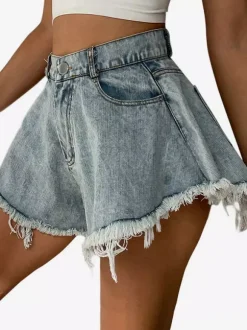 High Waist Raw Fringe Hem Wide Leg Denim Shorts Loose A Line Cutoff Shorts
