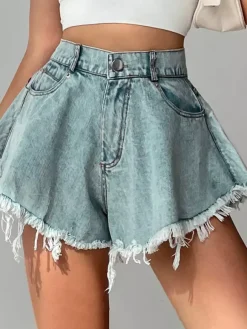 High Waist Raw Fringe Hem Wide Leg Denim Shorts Loose A Line Cutoff Shorts