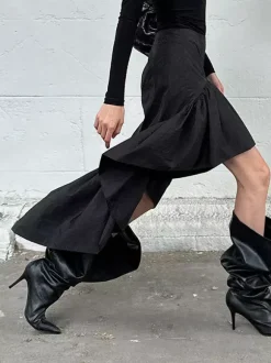 High Waist Ruffle High Low Hem Black Women Skirt Asymmetrical Midi Skirt