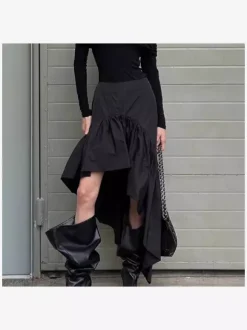 High Waist Ruffle High Low Hem Black Women Skirt Asymmetrical Midi Skirt