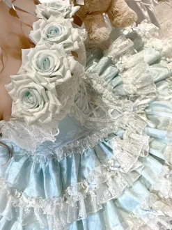 Him Ballllerina Lolita Dress Blue Pink Rose Ruffles JSK Lace Up Sweet Lolita Dress
