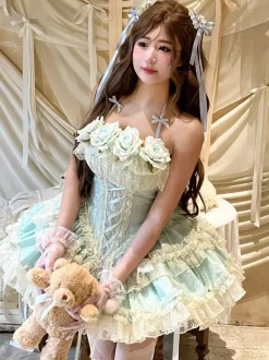 Him Ballllerina Lolita Dress Blue Pink Rose Ruffles JSK Lace Up Sweet Lolita Dress