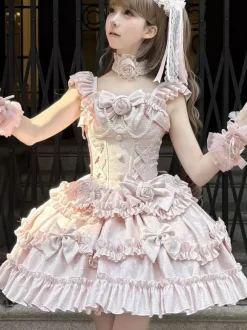Hime Lolita Dress Sweet Pink Sleeveless Ruffles Jumper Skirt Casual Daily Wear Polyester Kawaii Fashion