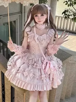 Hime Lolita Dress Sweet Pink Sleeveless Ruffles Jumper Skirt Casual Daily Wear Polyester Kawaii Fashion