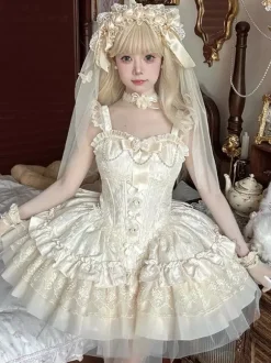 Hime Sweet Lolita Dress Light Green Short Sleeves Floral Tea Party Dress with Train Polyester Kawaii Fashion