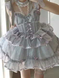 Hime Sweet Lolita Dresses Sleeveless Bows Daily Casual Light Gray JSK