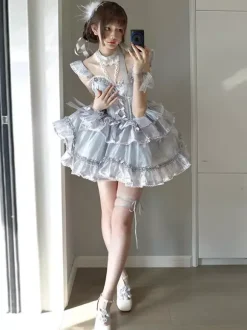 Hime Sweet Lolita Dresses Sleeveless Bows Daily Casual Light Gray JSK