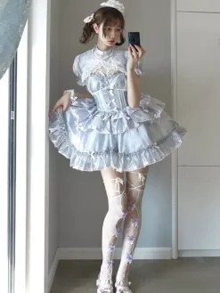 Hime Sweet Lolita Dresses Sleeveless Bows Daily Casual Light Gray JSK