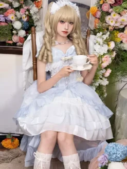 Hime Gothic Sweet Lolita Dress Light Sky Blue Sleeveless Bows Jumper Polyester Kawaii Fashion