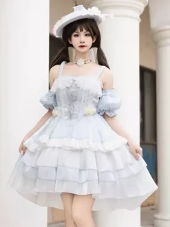 Hime Gothic Sweet Lolita Dress Light Sky Blue Sleeveless Bows Jumper Polyester Kawaii Fashion