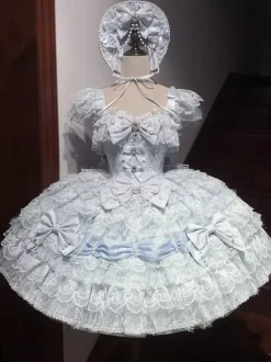 Hime Lolita Dress Sweet Bows Lace Ruffles Short Lolita Dress