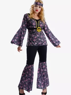 Hippie Costume Women's Holiday Long Trumpet Sleeves Retro Floral Dress
