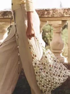 Hollow Beaded Mesh Woven Tote Bag Large Capacity Vacation Shoulder Bag Boho Lightweight Open Knit Handbag