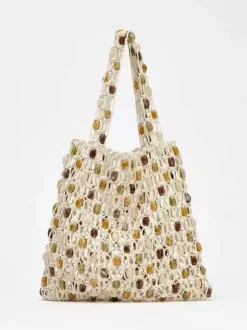 Hollow Beaded Mesh Woven Tote Bag Large Capacity Vacation Shoulder Bag Boho Lightweight Open Knit Handbag