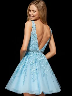 Homecoming Dress 2026 Sleeveless Backless Lace Short A-Line V-Neck Sash Light Blue Party Dress Free Customization