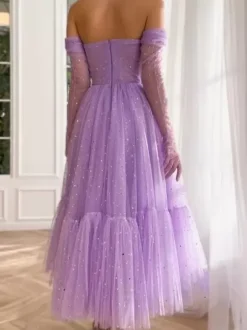 Homecoming Dress Ball Gown Bateau Neck Sequins Tulle Ankle-Length Midi Dress