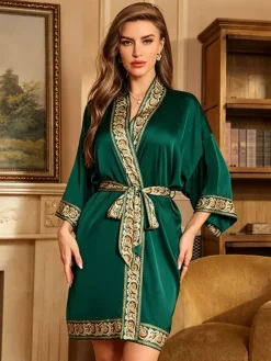 Home Wear 3/4 Length Sleeves Floral Print Oversized Chiffon Sash Casual Robe